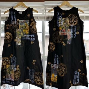 V.C.Torias Vtg 90s Art To Wear Hand Printed Abstract Midi Dress Sleeveless S/M